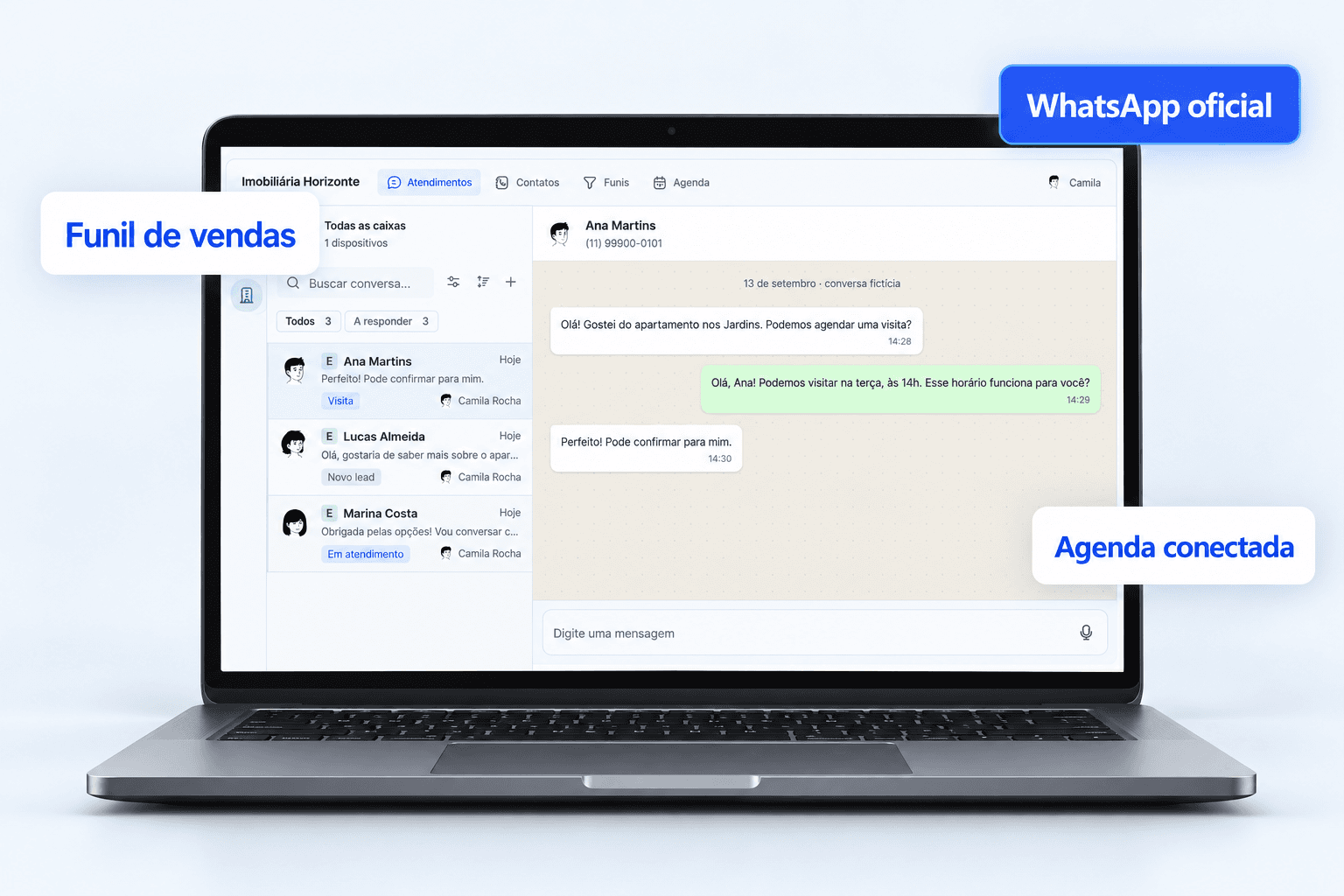 Notebook com a interface de atendimento do Trueimob e destaques para WhatsApp oficial, funil de vendas e agenda conectada.