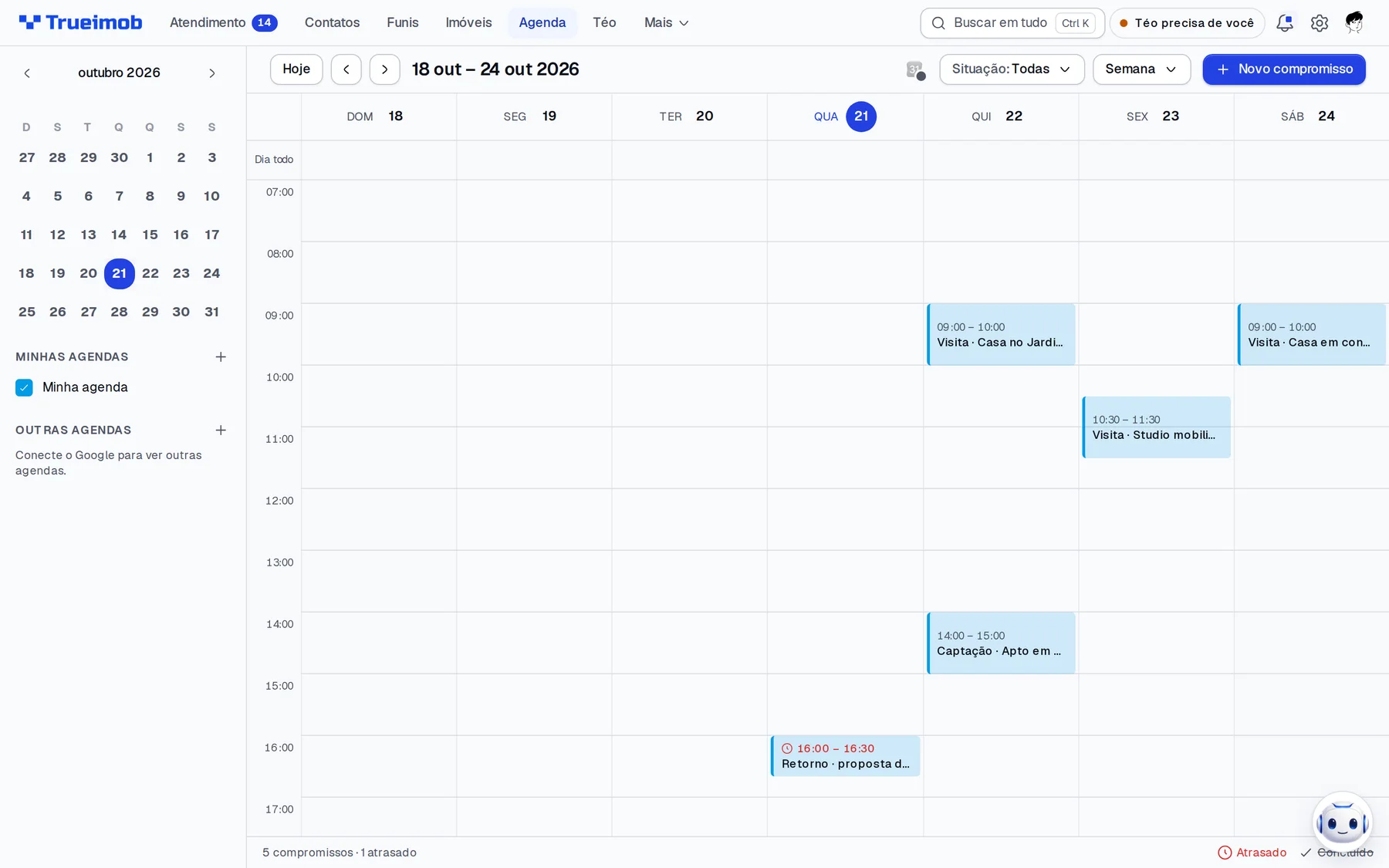 Agenda da semana com visitas, captação e um retorno atrasado